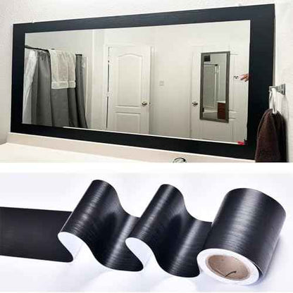 11Yard Peel&Stick Black Wood Grain Wallpaper Border Bathroom Mirror Frame Sticker Removable Waterproof Kitchen Wall Decor Tape (Black, 3.94Inch x 32.8Ft)