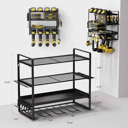 Power Tool Organizer, Metal 4 Layer Heavy Duty Drill Holder, 4Tier Wall Mount Garage Tool Organizers and Storage with Screwdriver/Pliers/Hook Holder,Red Utility Racks gifts for men