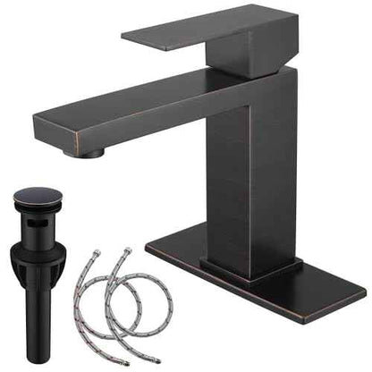Oil Rubbed Bronze Bathroom Faucet 1 Hole, Stainless Steel Single Hole Bathroom Sink Faucet with Pop Up Drain, Bronze Lavatory Sink Faucet AML-1141-ORB