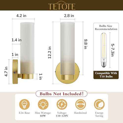 TETOTE Brushed Gold Wall Sconces Set of Two Modern Bathroom Wall Light Fixtures Farmhouse Wall Lights with Frosted Glass Shade for Mirror Bedroom Living Room