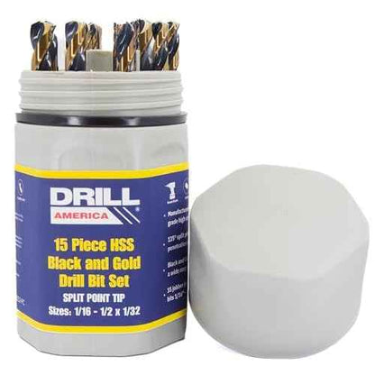 Drill America 15 Piece Heavy Dutyy High Speed Steel Drill Bit Set with Black and Gold Finish in Round Case (1/16" - 1/2" x 32nds), KFD Series