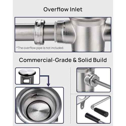 3-1/2" Commercial Sink Drain with Twist Lever Handle, Waste Drain Valve with Overflow Inlet for Restaurant 2/3 Compartment Sink, Easy Controll, Block-Free and Leakproof