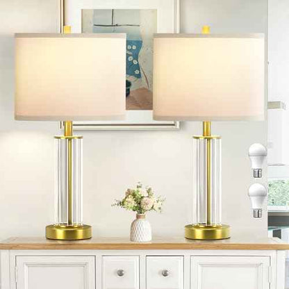 Modern Table Lamps for Bedrooms Set of 2, 22.8" Gold Glass End Table Lamps for Living Room with 3-Color Temperature, White Shade Bedside Nightstand Lamps, None-fillable