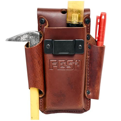 FESA Small Leather Tool Pouch - 4-in-1 Heavy Top Grain Leather Small Tool Pouch with a Tape Measure Holder, 3 Pockets & Reinforced Heavy Duty Rivets - Fits Belts up to 3" - Handcrafted