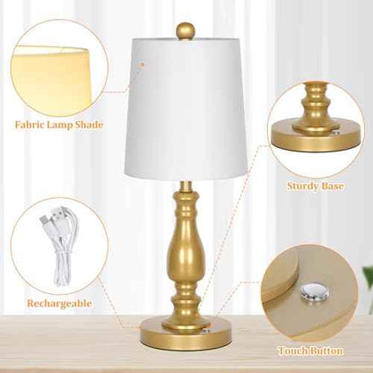 Dott Arts Cordless lamp Table Lamps Set of 2, Battery Powered Rechargeable lamp 3-Way Dimmable Modern Nightstand Lamp Sets Bedside Touch Desk Lamp for Bedroom Living Room, LED Bulbs Included(Gold)