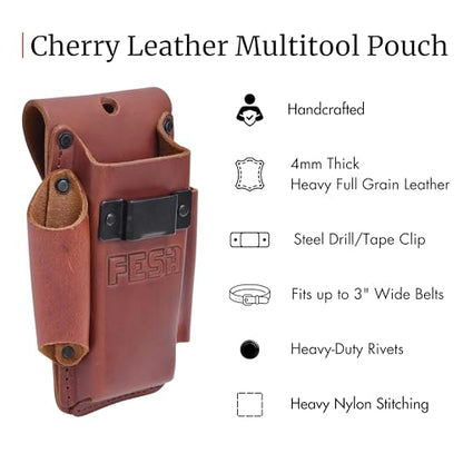 FESA Small Leather Tool Pouch - 4-in-1 Heavy Top Grain Leather Small Tool Pouch with a Tape Measure Holder, 3 Pockets & Reinforced Heavy Duty Rivets - Fits Belts up to 3" - Handcrafted