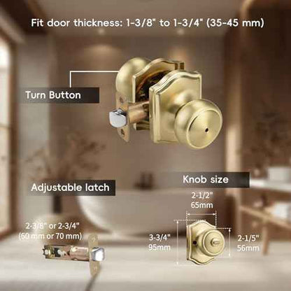 6 Pack Gold Door Knobs with Camelot Trim,Interior Door Knob with Lock,Coastal Privacy Door knob for Bath and Bedroom, Satin Brass