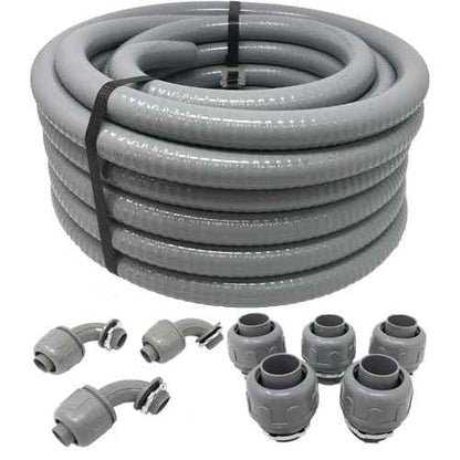 Sealproof 3/4-Inch Non-metallic Liquid-Tight Conduit and Connector Kit, 50 Foot Made in USA Flexible Electrical Conduit Type B with 5 Straight and 3 90-Degree Conduit Connector Fittings, 0.75" Dia