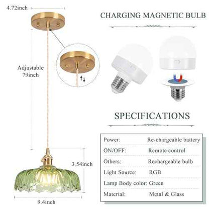 Battery Operated Pendant Light,Vintage Light Fixtures RGB Light Bulb 2500mAh 9.4in Green Modern Chandelier with Remote Control Wireless Adjustable Rechargeable Chandelier for Kitchen Island 1Light