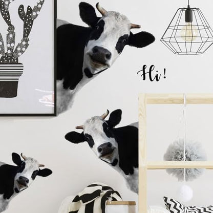 3D Funny Cow Wall Stickers & Murals Removable Cow Head Wall Decals Peel and Stick Vinyl Farm Animal Classroom Window Decor for Kitchen Kids Room Playroom Car Door Home Wallpaper