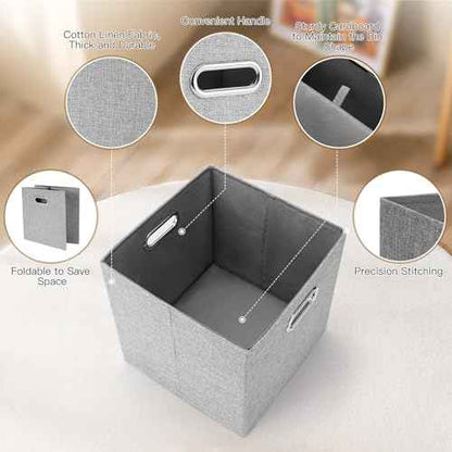 Cube Storage Bins,11 Inch Collapsible Storage Box Linen Fabric Bins with Double Handles, Storage Basket for Home, Closet, Shelves, Clothes Toy, Nursery, Decorative, 11x11, Grey, Set of 4