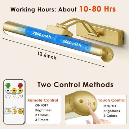 Picture Light for Wall with Remote, Wireless Battery Operated Wall Lights with 3 Colors Dimmable & Timer, 12.6" Rechargeable Metal Wall Sconce for Living Room, Artwork Gallery Display, Gold-2Pack