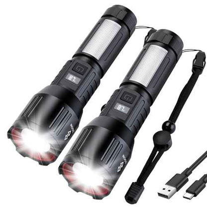 Flashlight High Lumens Rechargeable 2 Packs, 1,500,000L Handheld Tactical LED Flashlights Battery Powered, Zoomable Super Bright Flash Light with 6 Modes, Cob Side Light, Waterproof for Emergency