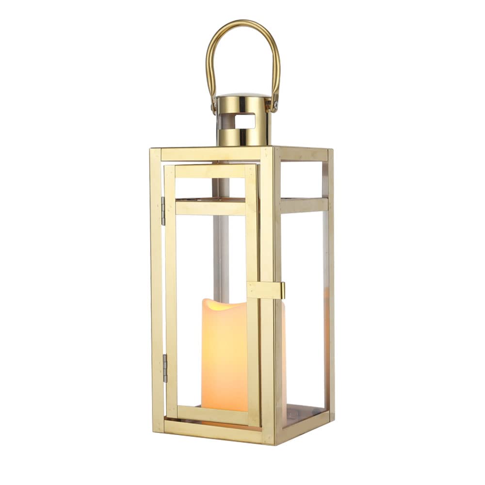 TRIROCKS Stainless Steel Decorative Lantern 12'' High Metal Candle Holder Outdoor Candle Lantern with Tempered Panels for Christmas Home Decor Living Room Parties Events Tabletop Indoor Outdoor (Gold)