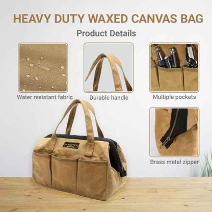Tool Tote, 13-inch Heavy Duty Waxed Canvas Wide Mouth Tool Bag, Open Top tool Pouch with Handle for Tools, Wrenches, Screwdrivers (13 X 7 X 9 inch) | Khaki