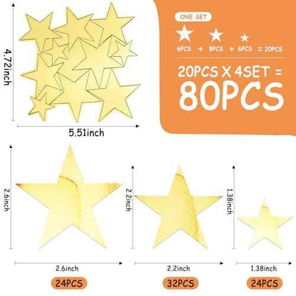 80 Pcs Gold Stars Acrylic Mirror Wall Stickers with Adhesive Art Decal Satin Paper Baby Kids Bedroom Home DIY Decor Removable Stickers