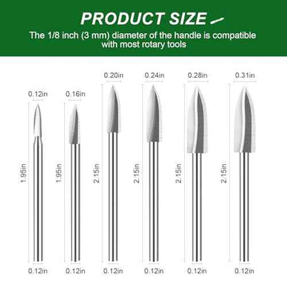 6 PCS FFyeiiy Wood Carving Bits, 1/8¡± HSS Rotate Tool Engraving Drill Bit Set, DIY Wood Carving Bits Crafts Grinding, Woodworking Rotary Tools Shank Universal Fitment