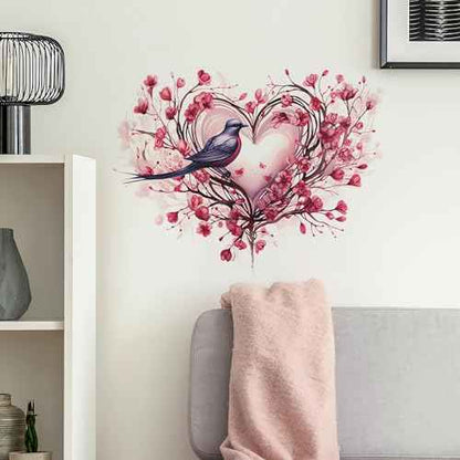 Pink Rose Love Heart Hummingbird Flower Wall Stickers,sacinora Valentine Romantic Love Floral Art Wall Decals Removable Vinyl Peel and Stick for Valentine's Day Wedding Anniversary Living Room Bedroom