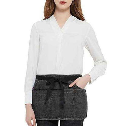 100% Cotton Denim Unisex Waist Apron, 7 Pockets with Zipper Pocket & Pen Pocket, 11" X 23" (Black)