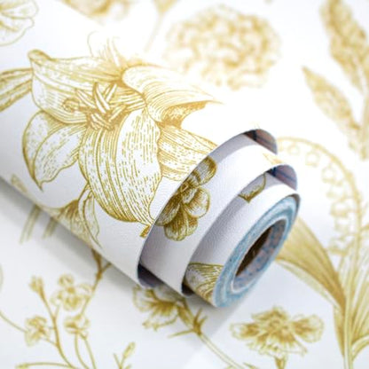 Floral Peel and Stick Wallpaper White and Gold Contact Paper 16.9inch x 118.1inch Boho Wall Paper Peel and Stick Flower Self Adhesive Wallpaper Removable Gold Floral Furniture Decorative Vinyl