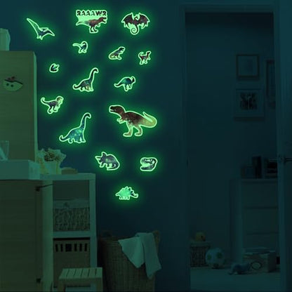 Glow in The Dark Dinosaurs Wall Decals, Glitter Dino Stickers for Boys Room, Luminous Stars Ceiling Decor for Bedroom Playroom Nursery