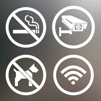 dealzEpic - Clear Transparent White Store Signs of No Smoking, No Pet Allowed, Free WIFI and Security Camera Sign - Self Adhesive Peel and Stick Vinyl Decals for Glass Door or Window