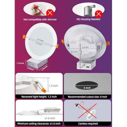 ILC 6 inch led recessed Light, Work with Alexa (Hub Required), App Controlled, RGB Color Changing, 16 Million Colors, CCT: 2700K-6000K, 14W, 120W Equivatlent, 1400LM, CRI 90, Bluetooth Mesh, 6 Packs
