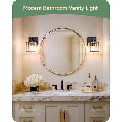 EDISHINE Bathroom Light Fixtures, Modern Wall Sconces Set of Two, Crystal Bathroom Vanity Llight, Indoor Lighting Fixtures Over Mirror, Black Wall Lamp for Bedroom
