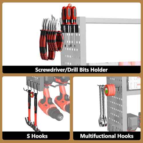 Power Tool Organizer Wall Mount, 4 Layer Heavy Duty Garage organizer Loads 280lbs, Tool Organizers with 8 Drill Hanger, Battery Tools Holder Garage Storage Organization for Workbench, Pegboard, Shed