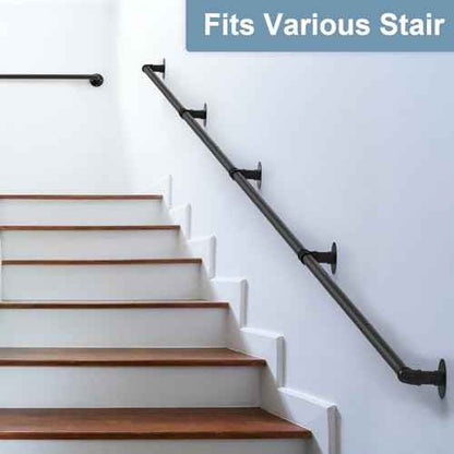 mapleway Pipe Stair Handrail, 14ft Railing for Indoor Steps Metal Staircase Hand Rail Industrial Iron Handle for Wall Mount Support, Black