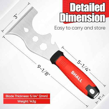 SHALL 8-In-1 Paint Scraper, Stainless Steel Paint Remover Scraper Tool, Putty Knife with Hammer End and Comfort Handle, Metal Spackle Scraper for Removing Drywall Paint, Caulk, Wood, Wallpaper