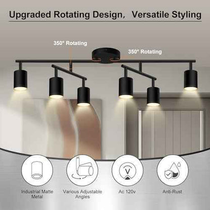 6 Light Track Lighting Fixtures Ceiling, Matte Black Kichen Track Lighting Fixtures with Rotatable Light Heads, Upgrade Light Poles, Modern LED Sopt Lights for Kitchen/Hallway, No GU10 Bulb