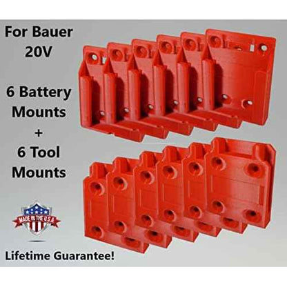 for Bauer 20V Cordless - Tool & Battery Mounts Hangers Holders Brackets - 12 Pack - 6 Tool + 6 Battery Mounts