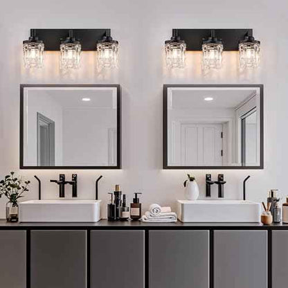Black Vanity Light, 3 Light Crystal Modern Farmhouse Bathroom Lights, with Clear Glass Shade, Rustic Bathroom Light Fixtures, Black Bathrooms Wall Light Over Mirror for Living Room, Bedroom, Hallway