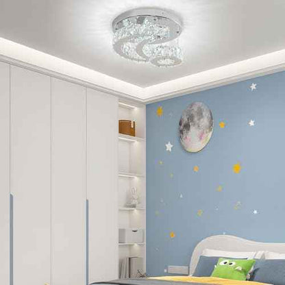 11.8 Inch Crystal Chandelier Flush Mount Ceiling Light Fixture, 2 Tier Height Adjustable (Max 23.62"), 36W LED Modern Chandeliers for Bedroom Kids Room Hallway (6000K, Star Moon Light)