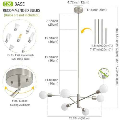 Sputnik Chandelier Modern Brushed Nickel Chandeliers 6-Light Mid Century Ceiling Lighting Fixture for Living Room, Kitchen, Bedroom, Dining Room, and Farmhouse (6-Light)