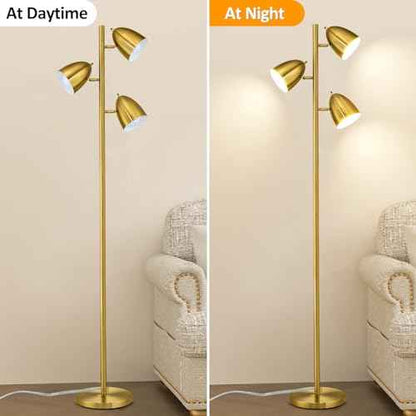 Tree Floor Lamp with 3 Light Bulbs Standing Tall Pole Lamps with Adjustable Metal Heads 65"Reading Stand up Lamps with E26 Base Modern Floor Lamps for Living Rooms, Bedrooms, Home, Office(Gold)