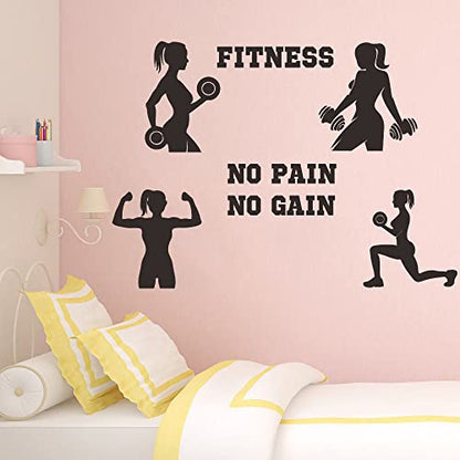 Women Fitness Wall Decal - ¡°No Pain No Gain¡± Motivational Quote with Girl Lifting Weights - PVC Removable Vinyl Sticker for Gym, Home Workout Room, Bedroom Decor - 34x24 Inch JWH177 (Black)
