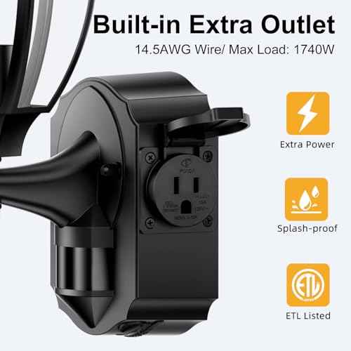 Porch Lights with Outlet, Motion Sensor Outdoor Lights, Updated Dusk to Dawn Exterior Lighting Fixtures, Waterproof Anti-Rust Aluminum Outside Light for House Entryway Garage, Black