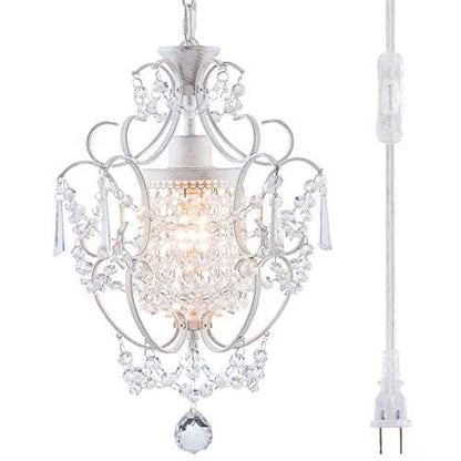 Plug in Chandelier Mini Crystal Chandelier White Retro Small Chandeliers Ceiling Light for Girls Bedroom,Farmhouse Plug in Pendant Light for Kitchen Island Bathroom Dining Room Closet