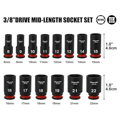 Mayouko 14PCS 3/8" Drive Semi-Deep Impact Socket Set, 8-22MM, Metric, CR-MO, Impact Grade Middle Length Socket Set, 6 Point
