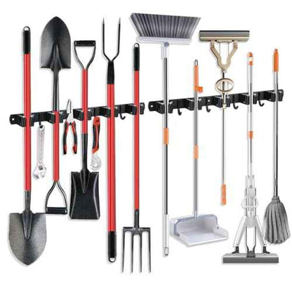 2 Pack Broom Hanger and Mop Holder, Heavy Duty Garden Tool Organizer Rack Rake and Shovel Handle, Stainless Steel Wall Mounted Utility Rack with Screws (5 Racks with 4 Hooks, Matte Black).