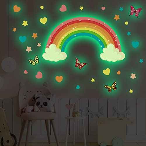 Glow in The Dark Large Rainbow Wall Decals Removable Star Butterfly Heart Sticker Glowing Rainbow Wallpaper Watercolor Vinyl Sticker for Nursery Teen Bedroom Decoration
