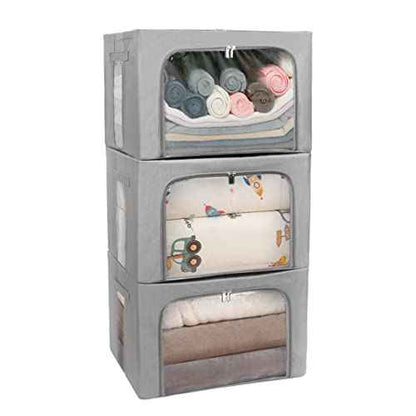 Stackable Clothes Storage Box for Clothing Gadgets,Steel Frame Storage Bins for Toys Gift,Foldable Oxford Fabric Closet Organizer Bag Set with Carry Handles Clear Window (Large- 66L x3 Pack, Grey)