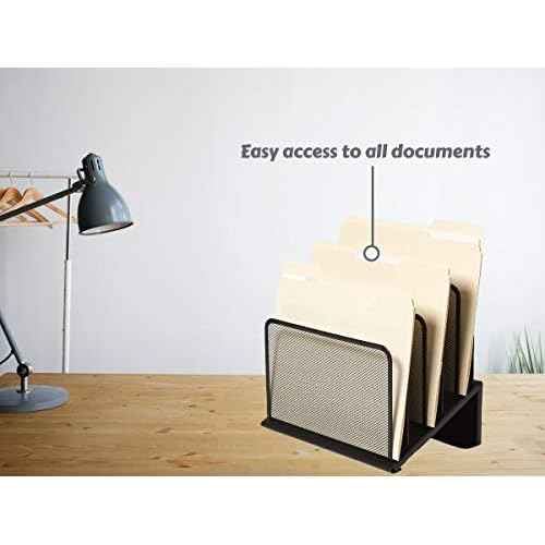 1InTheOffice Metal Mesh File Organizer, Black Wire Mesh 5 Section Incline Sorter, Black Finish