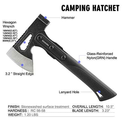 SULKADA Camping Hatchet, 10.5 Inch Survival Axe,Stainless-Steel Blade,Fiberglass Shock Reduction Handle with Anti-Slip Grip, for Chopping Wood,Gardening and Outdoor Survival,Gift for Dad Men