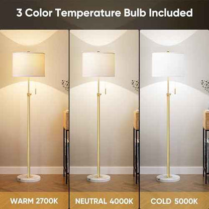 PARTPHONER Floor Lamp for Living Room, 66'' Adjustable Height Standing Lamp with Marble Base, 3-Color Tall Lamps with Pull Chain, Suitable for Bedroom, Reading, Office (Bulb Included, White Shade)