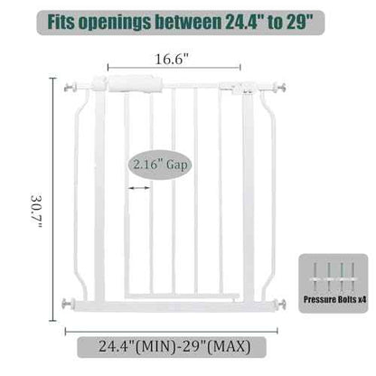 24-29 Inch Narrow Baby & Dog Gate, Pressure Mounted No Drilling, for Stairs & Doorways, White Metal Safety Gate Indoor for Kids and Pets