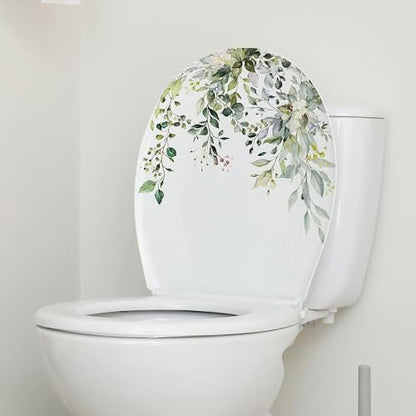 Green Plant Leaves Flowers Toilet Seat Lid Stickers-DIY Removable Waterproof Toilet Sticker for Bathroom Cistern Decor-Green Leaf Floral Toilet Lid Decals 11.8x9.8in