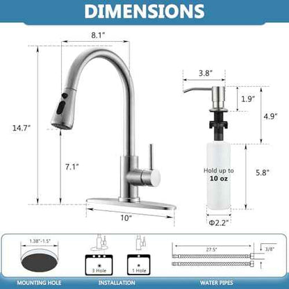 Kitchen Faucet with Soap Dispenser, 3 Modes Stainless Steel Kitchen Sink Faucet with Pull Down Sprayer, Brushed Nickel Single Handle High Arc Mixer Taps for Bar Laundry Camper RV
